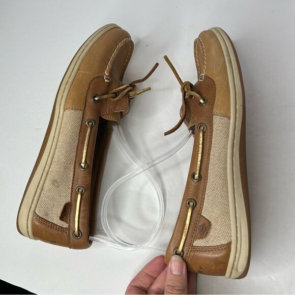 Stylish Tan Boat Shoes with Gold Accents - Picture 8 of 11